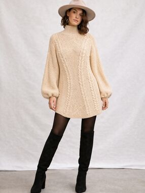 Free People Back to Back Cable Knit Sweater Mini Dress Tunic NWT Cream Size Med.